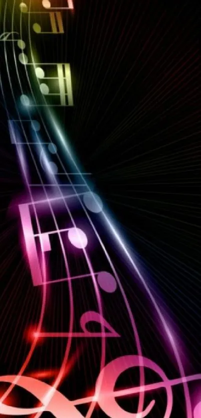 Mobile wallpaper with neon musical notes on a black background.