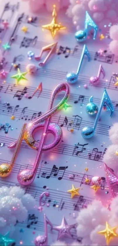 Colorful musical notes surrounded by dreamy clouds on a sheet music background.