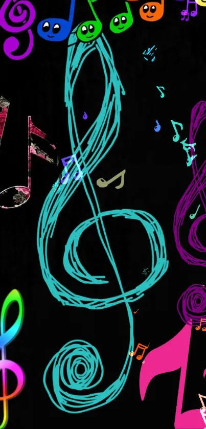 Colorful musical notes on a black background.