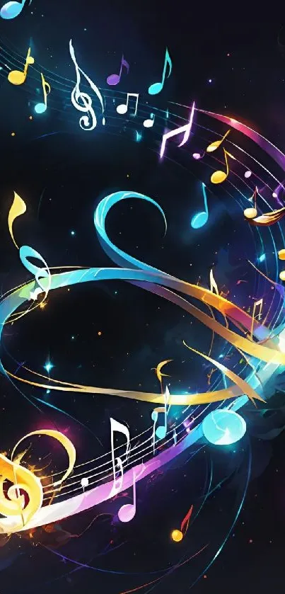 Colorful musical notes swirl on a dark background.
