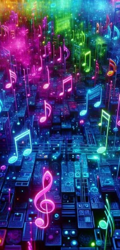 Vibrant, colorful wallpaper with glowing musical notes.