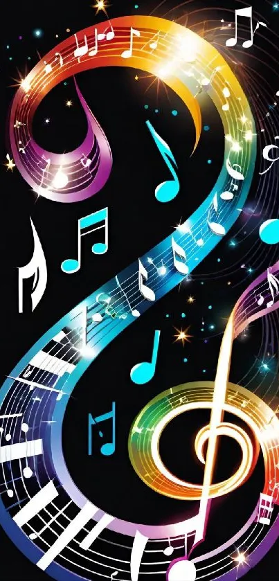 Colorful musical notes on dark backdrop wallpaper.