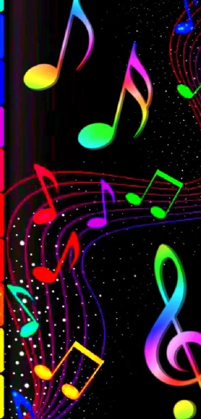 Colorful music notes with rainbow patterns on a black background wallpaper.