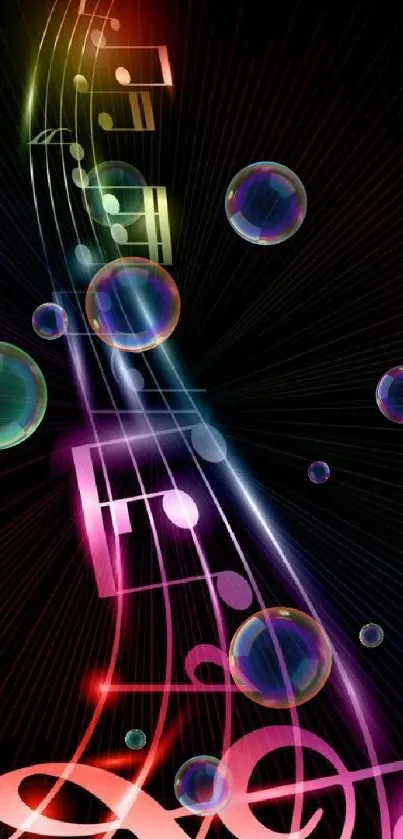 Colorful neon musical notes on black background.