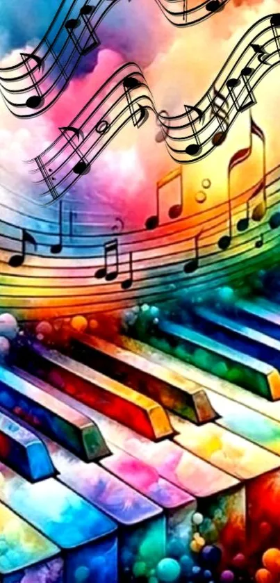 Colorful rainbow piano with musical notes and vibrant colors.