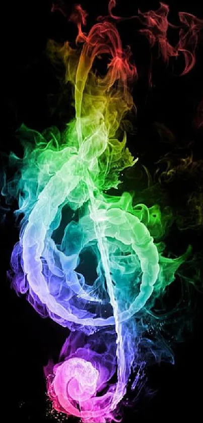 Vibrant smoke treble clef with rainbow colors on a black background.