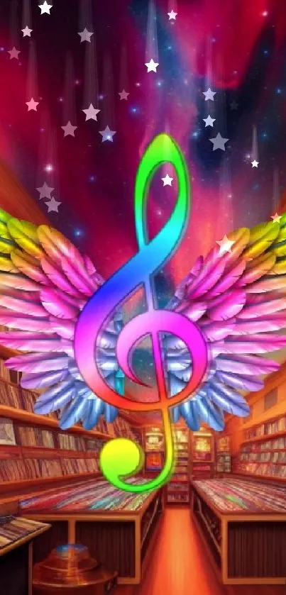Colorful treble clef with wings in a starry library setting.