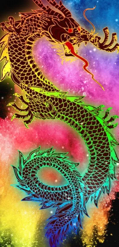 Colorful dragon with rainbow hues on a dark background mobile wallpaper.