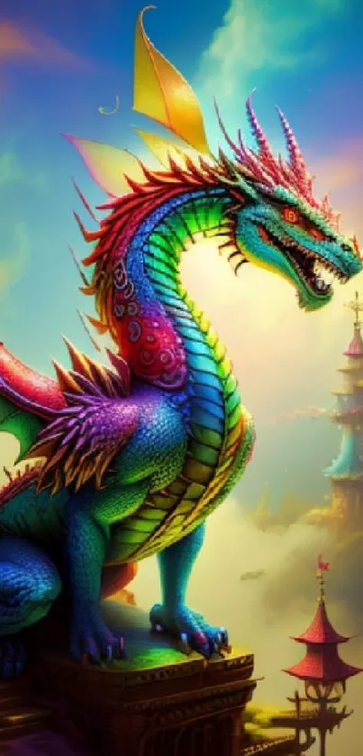 Vibrant dragon art wallpaper with a colorful fantasy landscape.