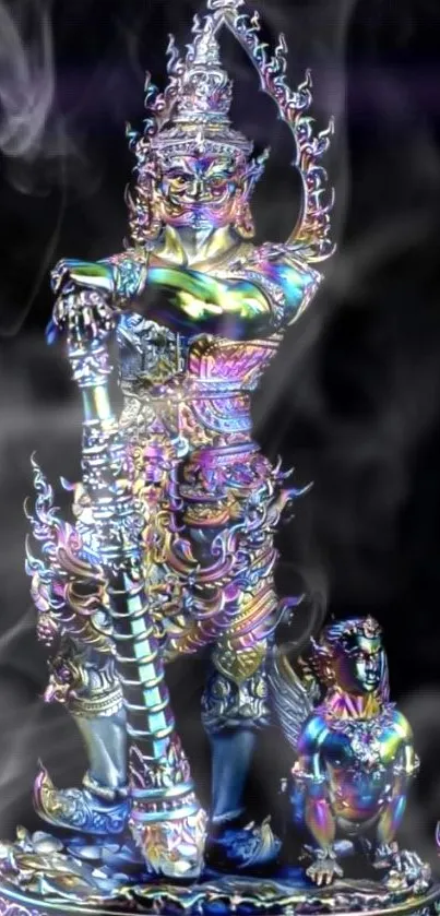 Vibrant iridescent sculpture with smoke background.