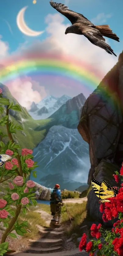 Hiker on a trail with rainbow, eagle, and colorful flowers in a scenic mountain setting.