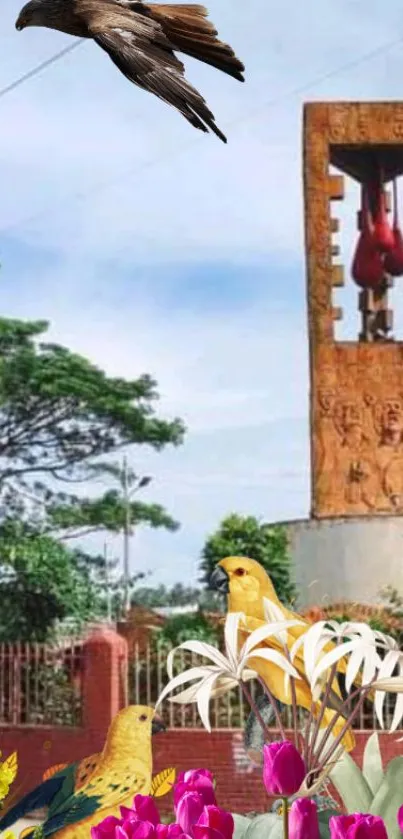 Artwork of birds and flowers with a prominent sculpture in natural landscape.