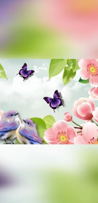 Mobile wallpaper with birds, flowers, and butterflies in pastel colors.