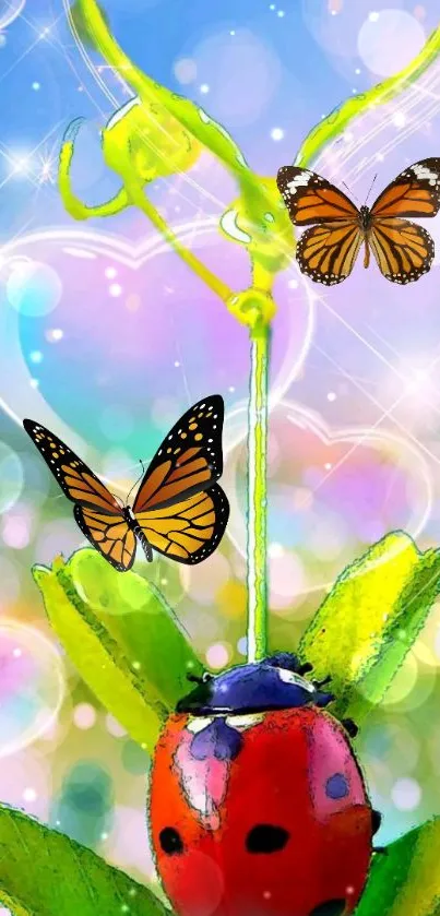 Colorful wallpaper with butterflies and a ladybug in a vibrant, whimsical scene.