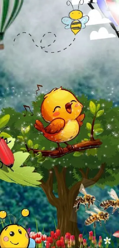 Colorful cartoon bird on tree branch with insects and balloons.