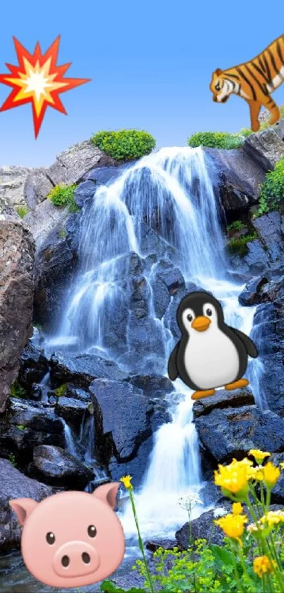 Colorful nature scene with emojis of animals, a waterfall, and vibrant colors.