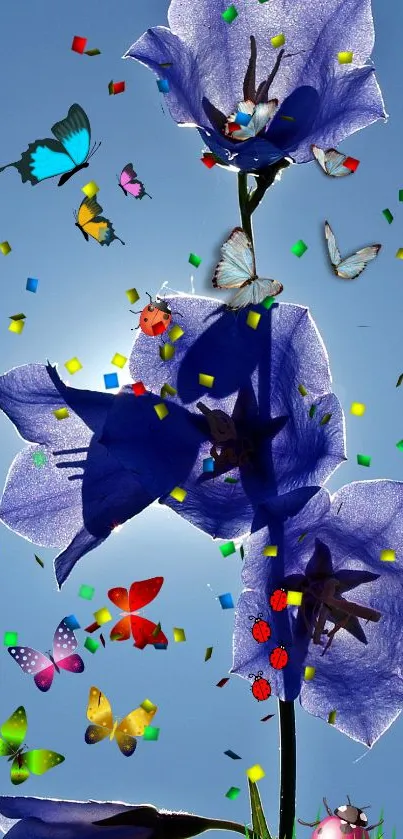 Vibrant fantasy art with colorful butterflies and flowers against a blue sky.