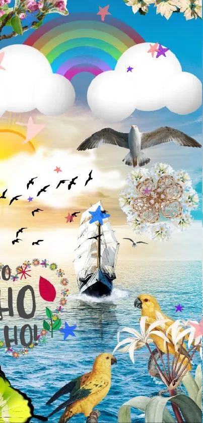 Vibrant nature-themed wallpaper with ocean, rainbow, and birds.