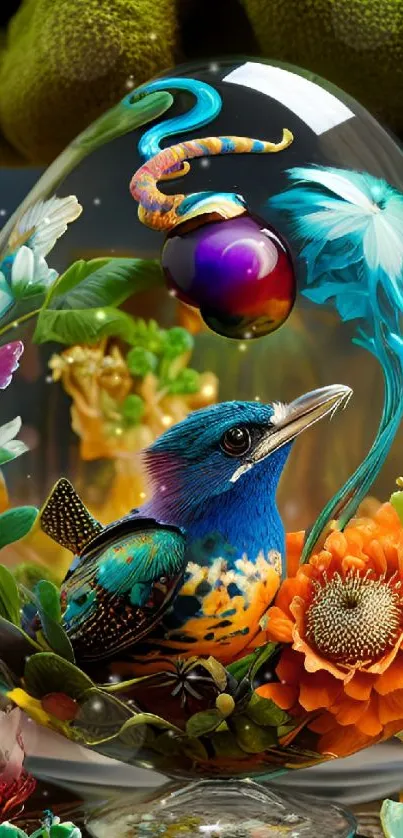 Colorful fantasy wallpaper with bird and flowers in a glass dome.