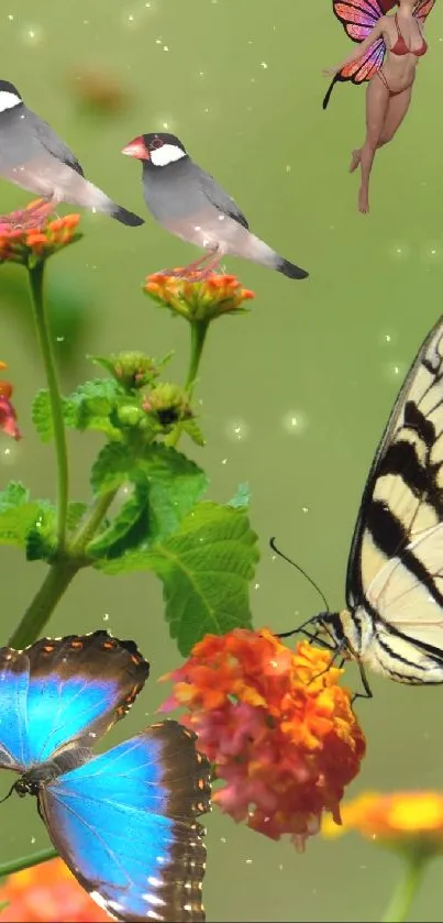 Vibrant fantasy scene with butterflies, fairies, and colorful flowers.