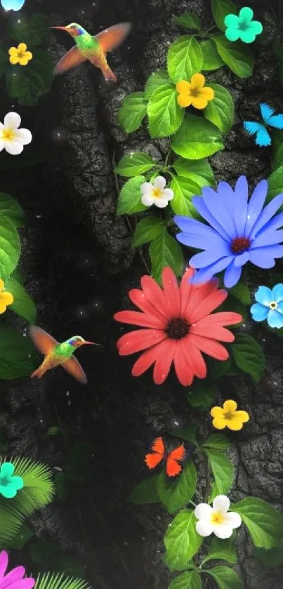 Colorful flowers and hummingbirds on a dark leafy background.