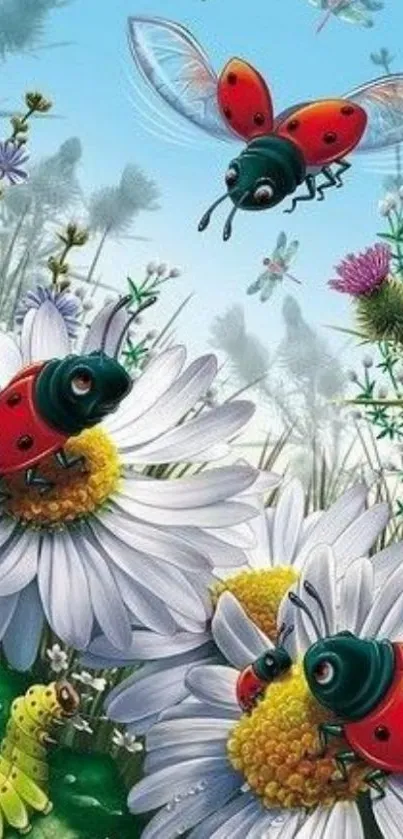 Ladybugs and flowers create a vibrant, nature-themed mobile wallpaper with a colorful background.