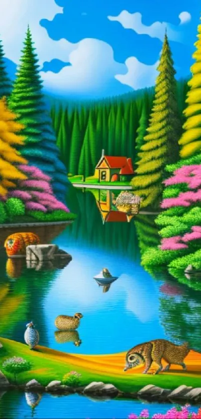 Colorful landscape art with trees, lake, and a small house.