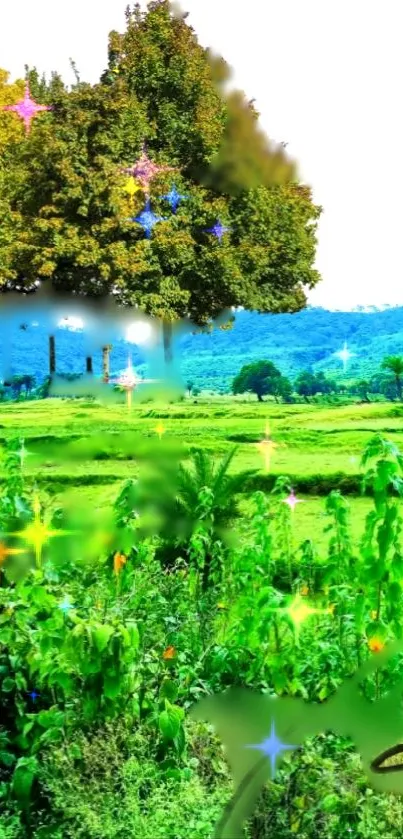 Vibrant green landscape with colorful sparkles and a serene tree.