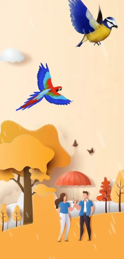 Illustrated autumn scene with birds and couple under umbrella.