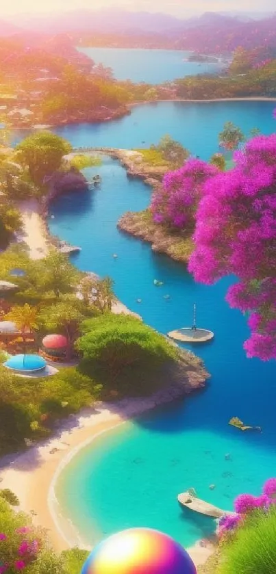 Vibrant beach landscape with turquoise waters and colorful flora.