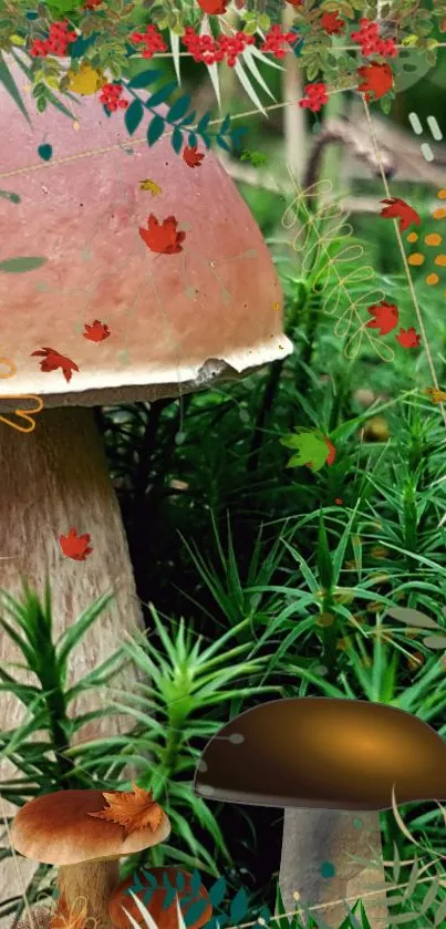 Colorful mushrooms and foliage in nature wallpaper.