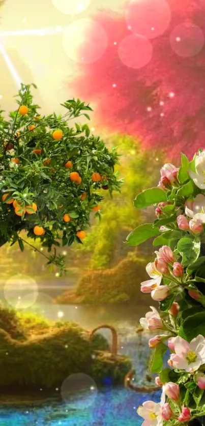 Vibrant nature wallpaper with trees and flowers under a colorful sky.