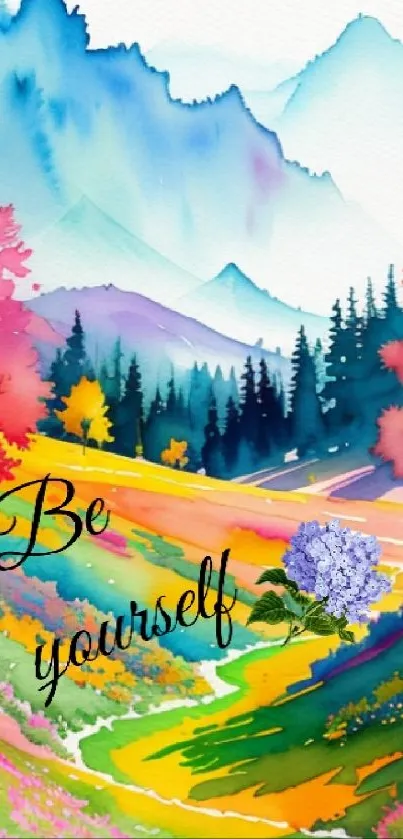 Vibrant landscape with mountains and motivational quote.