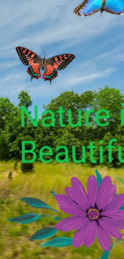 Vibrant nature wallpaper with butterflies and greenery under a blue sky.