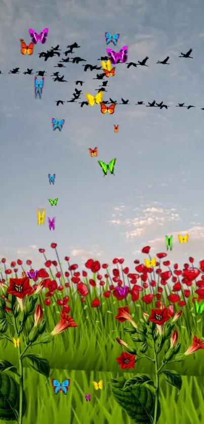 Colorful butterflies and birds above a flower field under a bright sky.