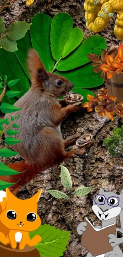 Vibrant wallpaper with a playful squirrel amidst lush foliage.