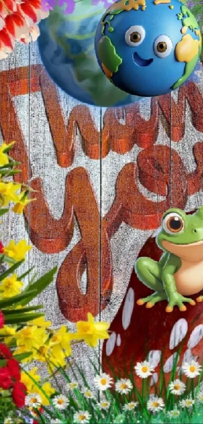 Vibrant wallpaper with flowers, frog, and a globe on a 'thank you' background.