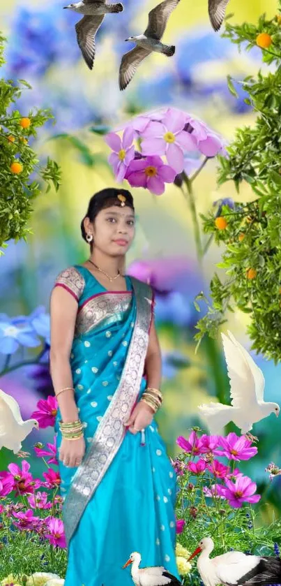 Woman in saree with floral and bird backdrop.