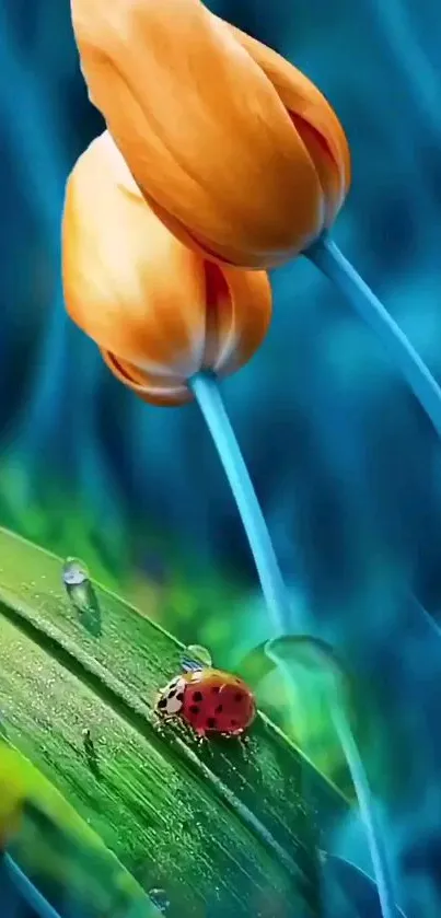 Mobile wallpaper of orange tulips and ladybug on vibrant green leaves.