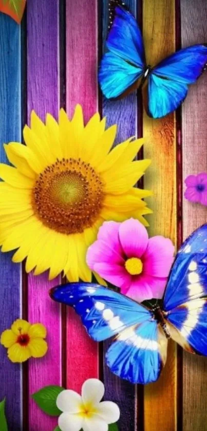 Colorful mobile wallpaper with butterflies and flowers on wooden planks.