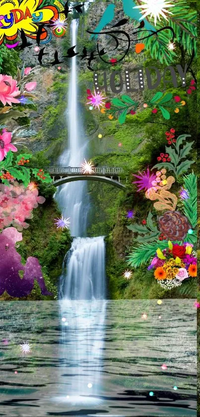 Vibrant wallpaper with waterfall and colorful floral accents.