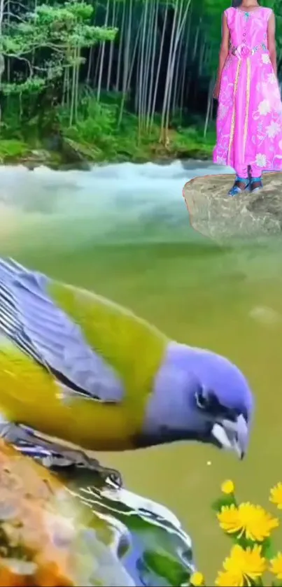 Vibrant nature scene with bird, river, and flowers.