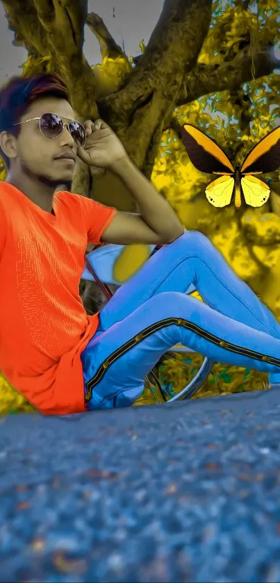 Person in vibrant outfit with butterfly in nature.