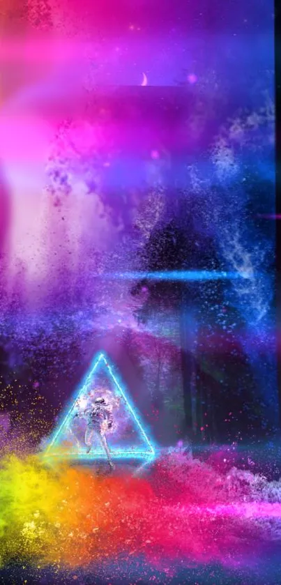 Colorful neon abstract wallpaper with triangle design.