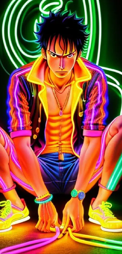 Anime character in vibrant neon colors, crouching in an artistic style.