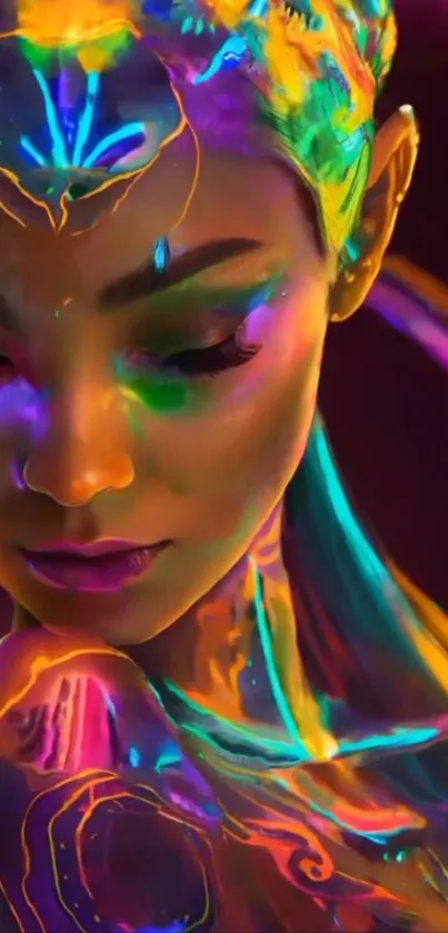 Vibrant neon art portrait with surreal colors.