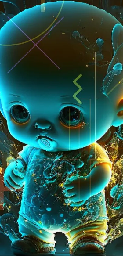 Vibrant neon baby wallpaper with glowing digital art elements.