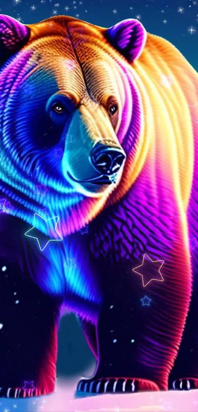Vibrant neon bear on snowy landscape wallpaper.
