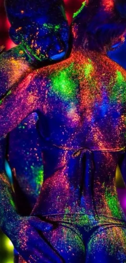 Neon body art with vibrant colors in a backlit setting.