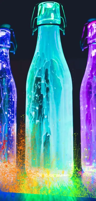 Neon bottles art with vibrant blue, purple, and orange hues.